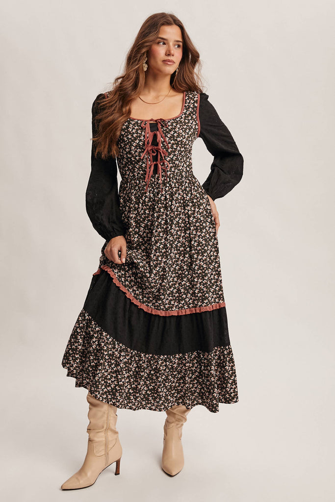 Floral Patchwork Lace-Up Maxi Dress