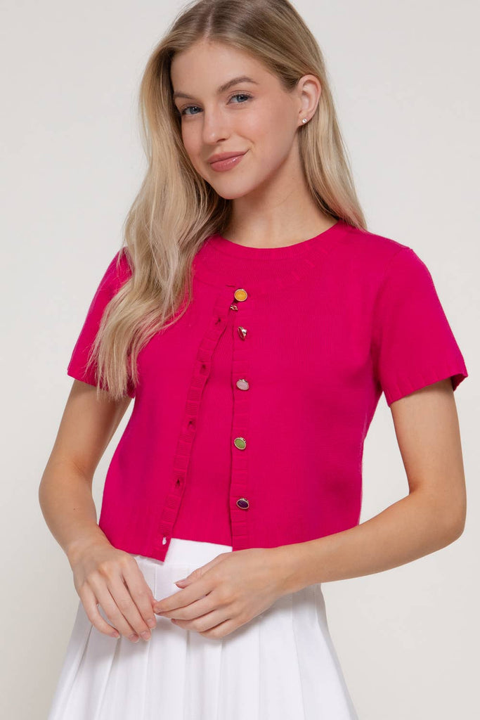 Short Sleeve Rainbow Button Cardi: Fuschia