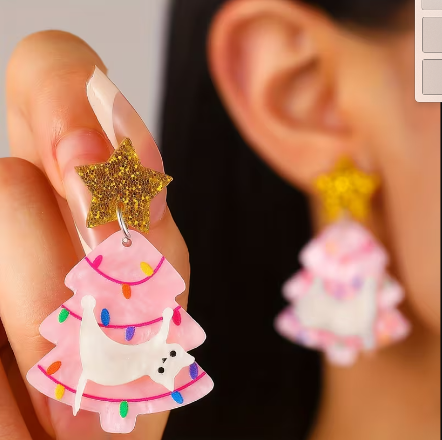 Christmas Tree Cat Earrings: Pink