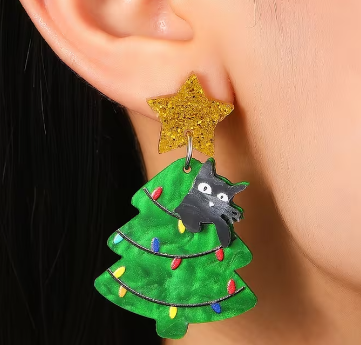 Christmas Tree Cat Earrings: Green