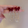 Velvety Bow Rhinestone Earrings: Red