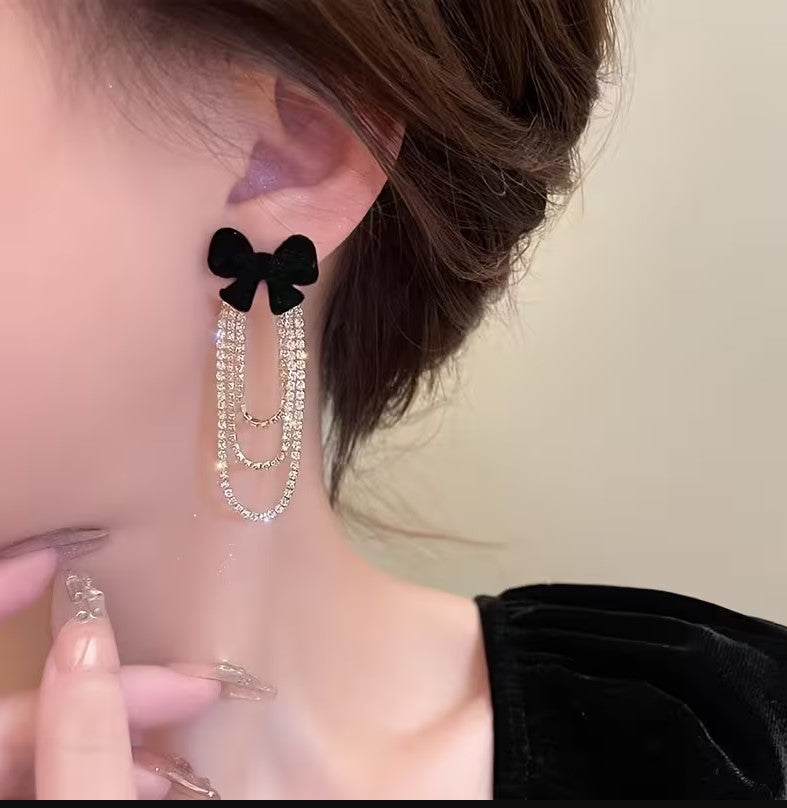 Velvety Bow Rhinestone Earrings: Black