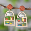 Book Store Cat Wood Earrings