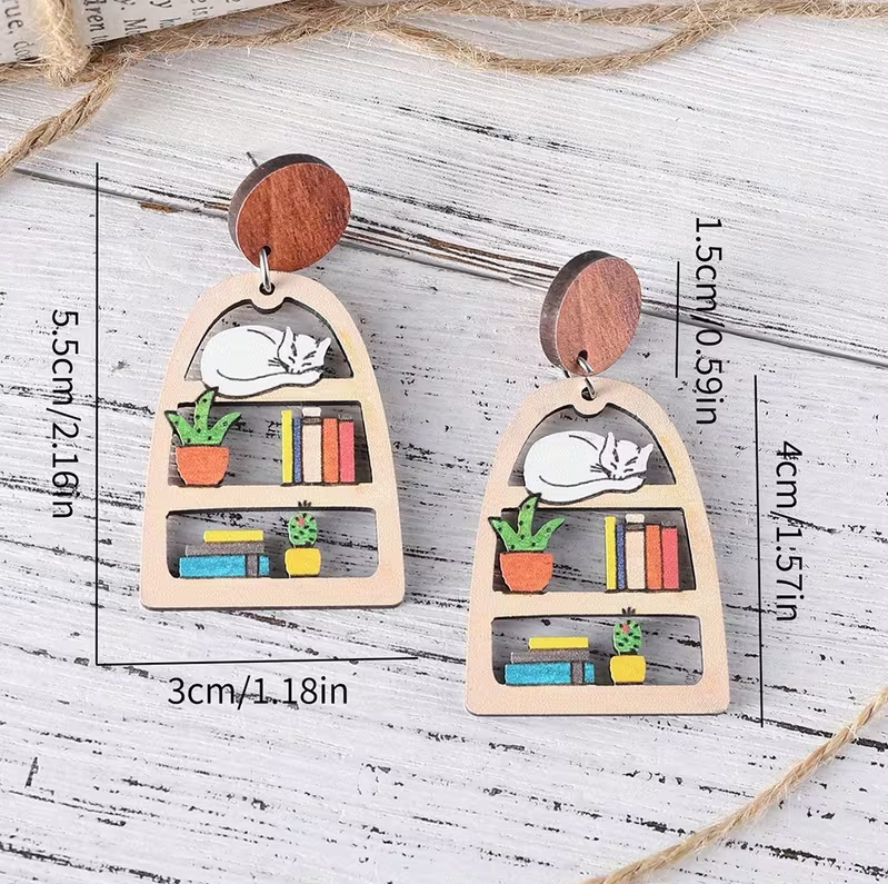Book Store Cat Wood Earrings