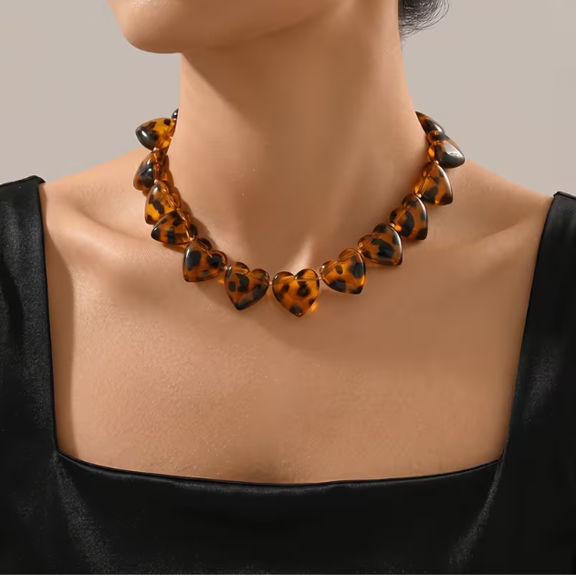 Leopard Resin Hearts Necklace