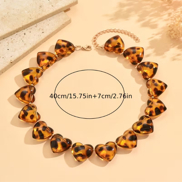 Leopard Resin Hearts Necklace