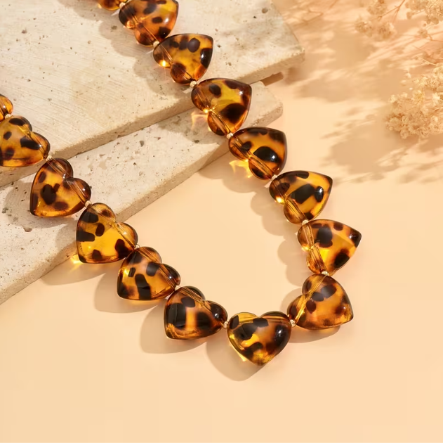 Leopard Resin Hearts Necklace
