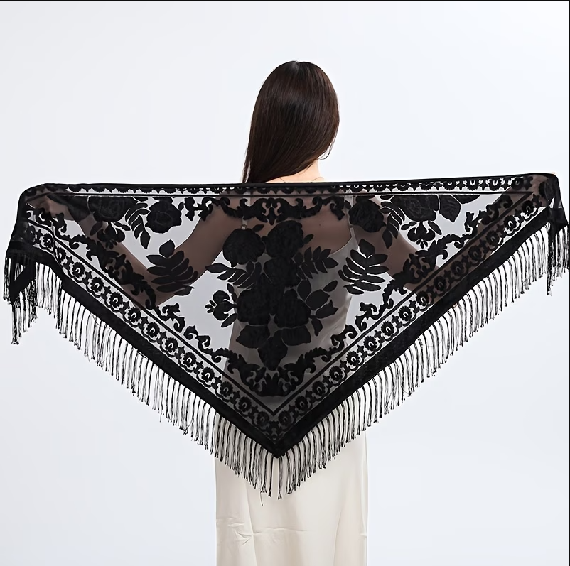 Black Burnout Velvet Rose Shawl