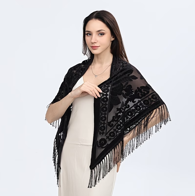 Black Burnout Velvet Rose Shawl