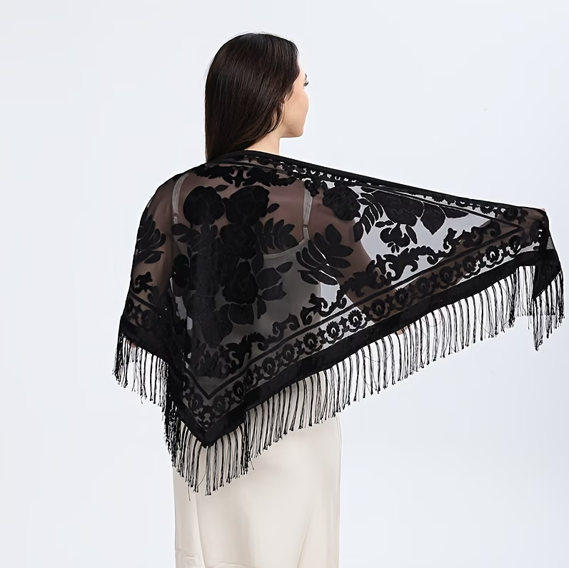 Black Burnout Velvet Rose Shawl