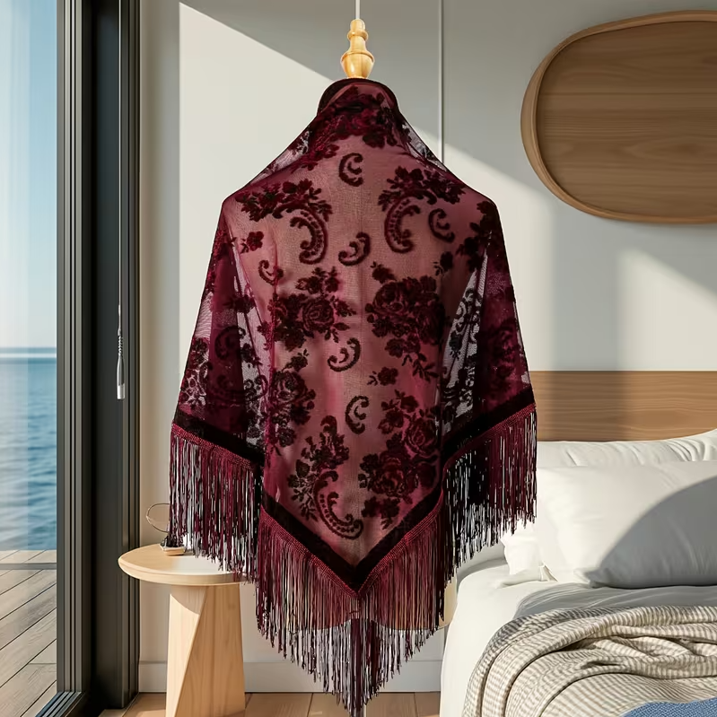 Burgundy Burnout Velvet Rose Shawl
