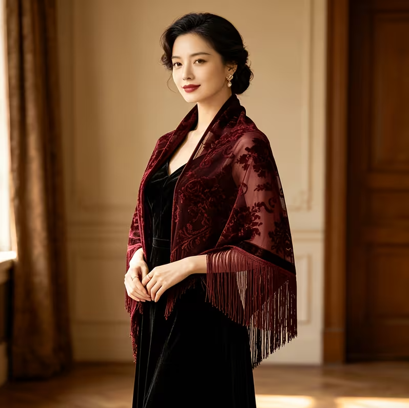 Burgundy Burnout Velvet Rose Shawl