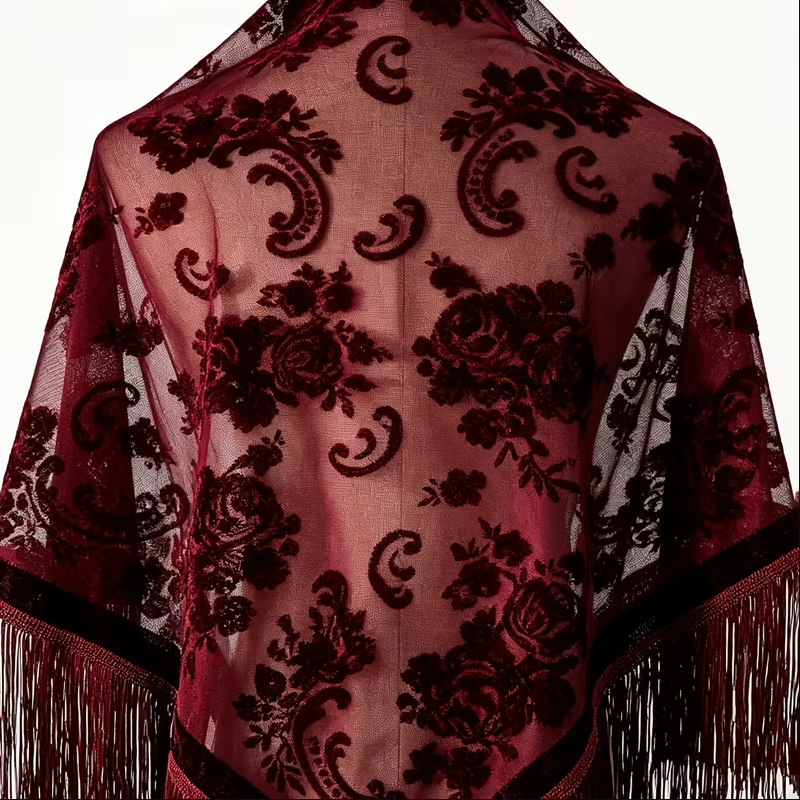 Burgundy Burnout Velvet Rose Shawl