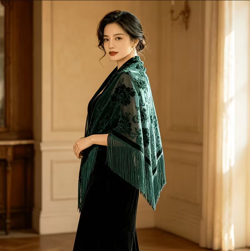 Jade Burnout Velvet Rose Shawl