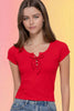 Lace-Up Waffle Knit Tee: Red