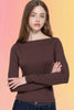 Boat Neck Brushed Rib Knit Top: Chocolate