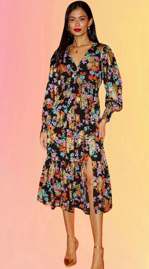 Floral With Gold Dress With Split Hemline
