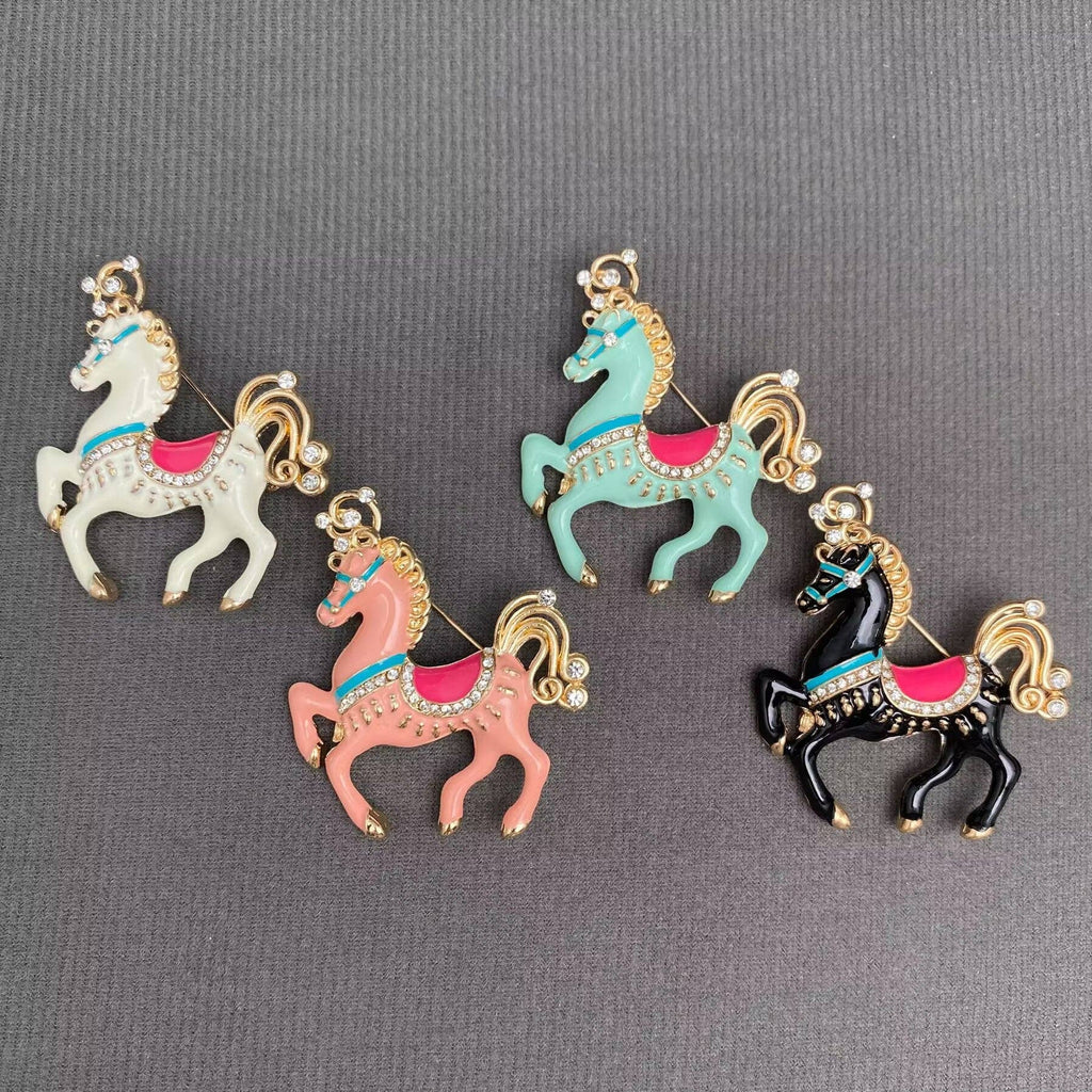 Rhinestone Enamel Horse Brooch: Green