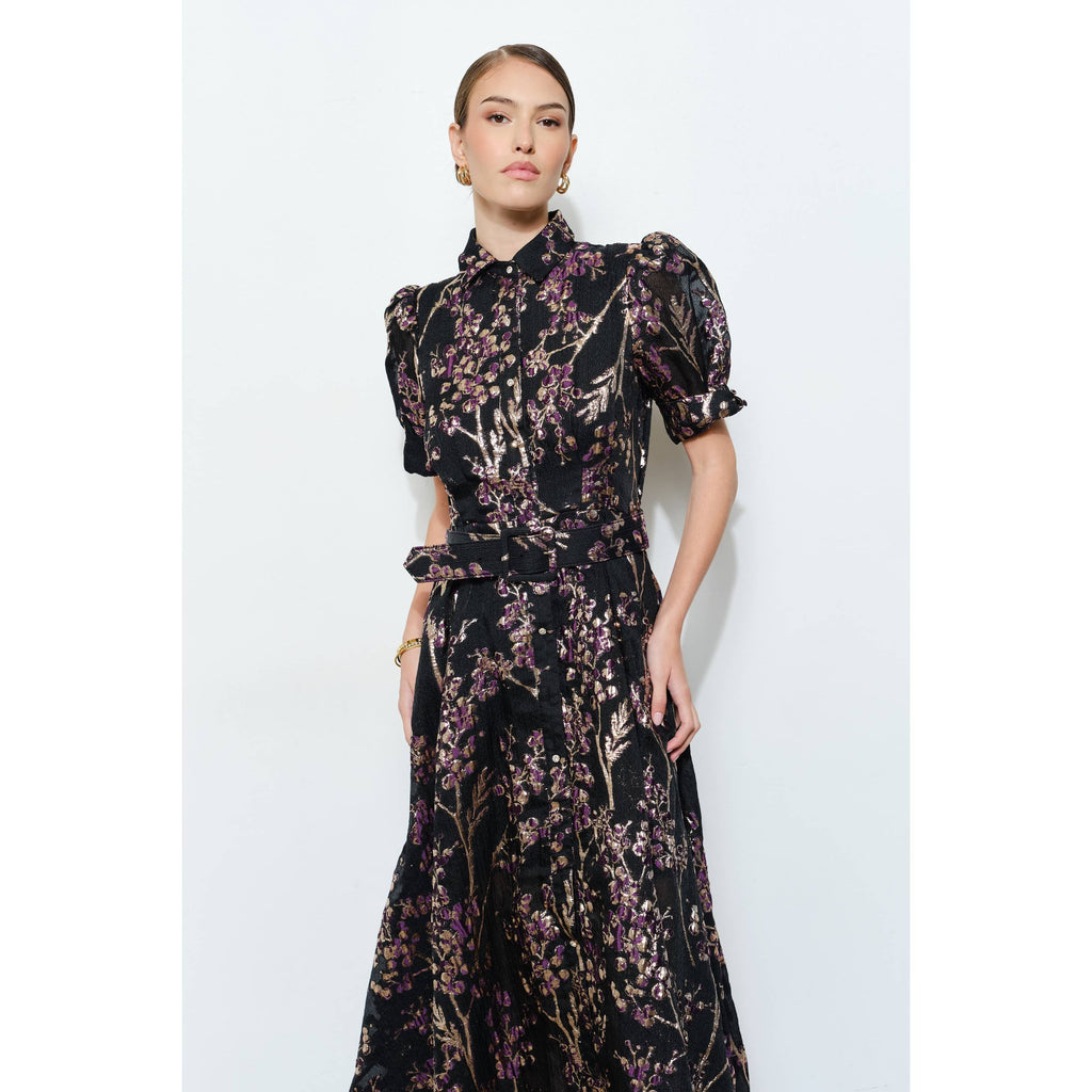 Golden Lurex Floral Jeweled Maxi Dress