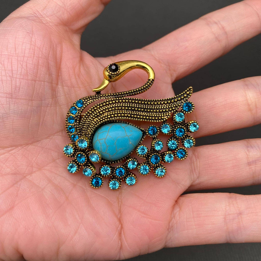 Blue Rhinestone Swan Brooch