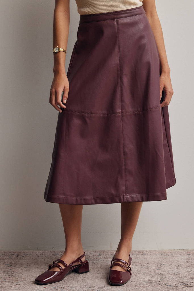 Faux Leather A-Line Midi Skirt: Burgundy