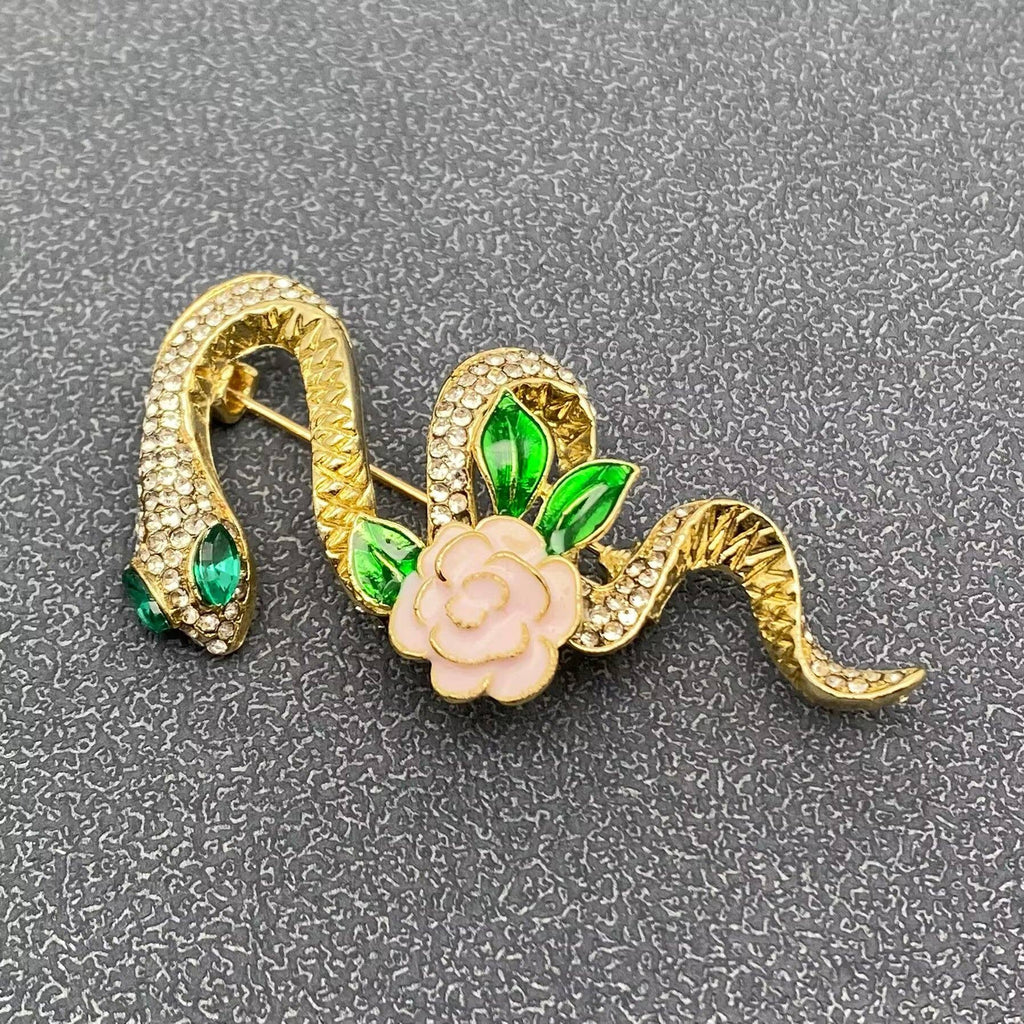 Enamel Rose Rhinestone Snake Brooch