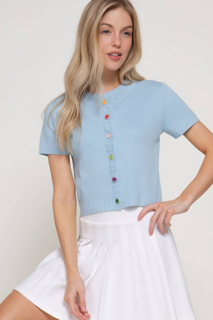 Short Sleeve Rainbow Button Cardi: Soft Blue