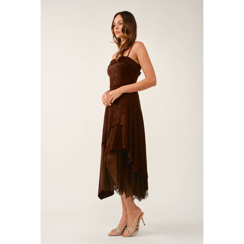 Chocolate Faux Suede And Lace Dress