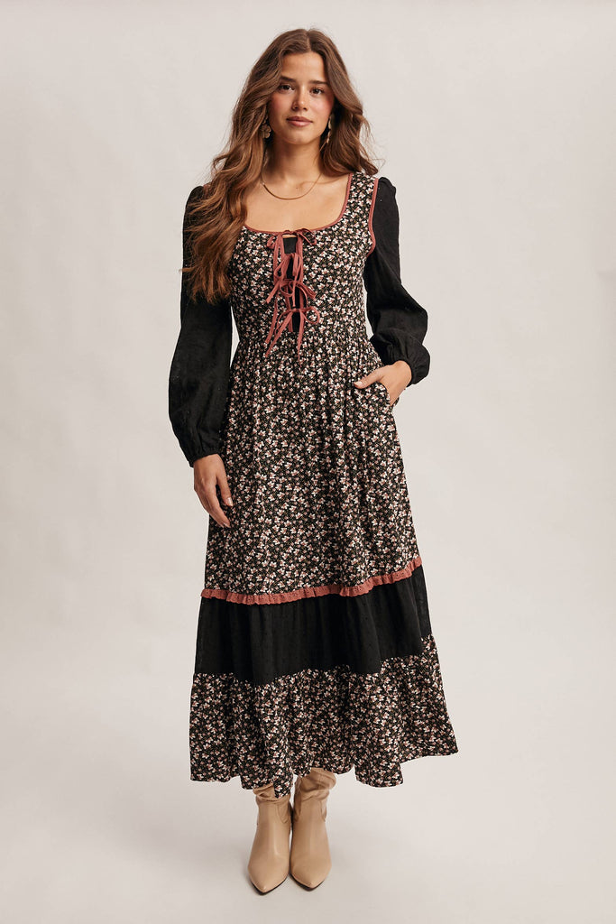 Floral Patchwork Lace-Up Maxi Dress