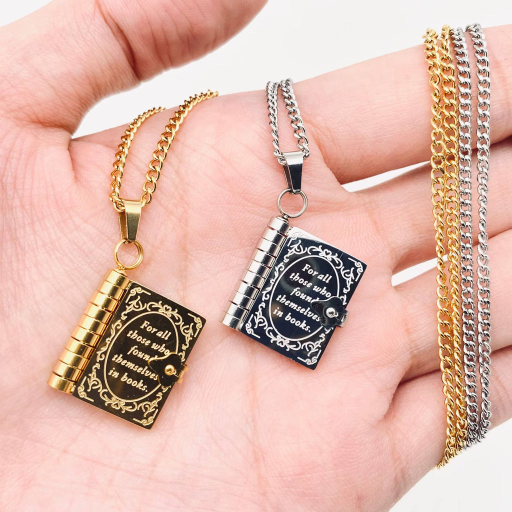 Open Book Charm Stainless Steel Necklac - FGS: Steel color