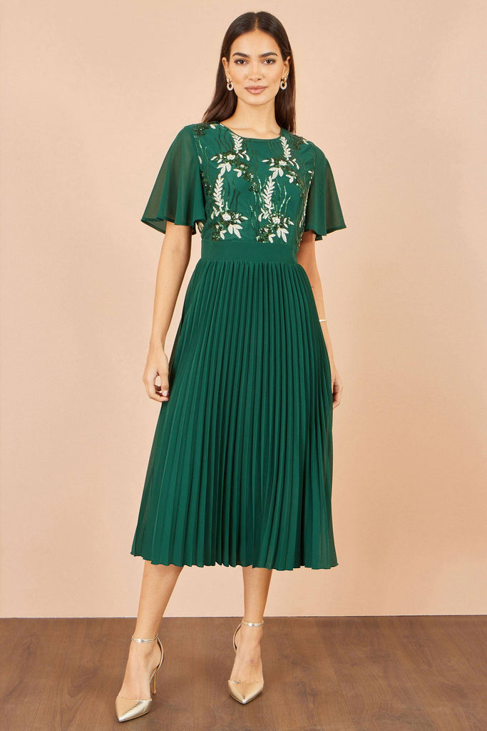 Green Sequin Embroidered Pleated Dress