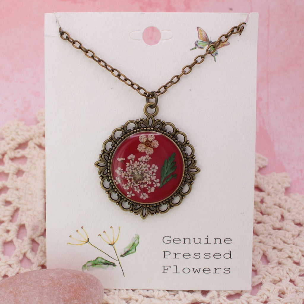 Antique Gold Dried Flower Necklace: Red