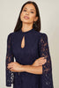 Lace Fitted Midi Dress With Flute Sleeves: Navy