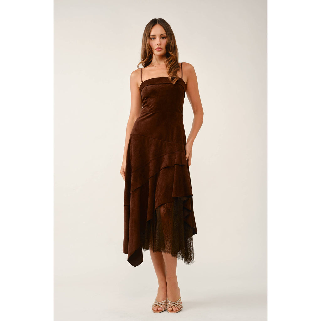 Chocolate Faux Suede And Lace Dress