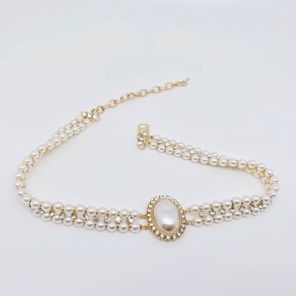 Layer Pearl Rhinestone Choker Necklace