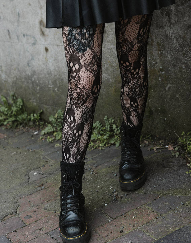 Rose Skull Net Tights: Black