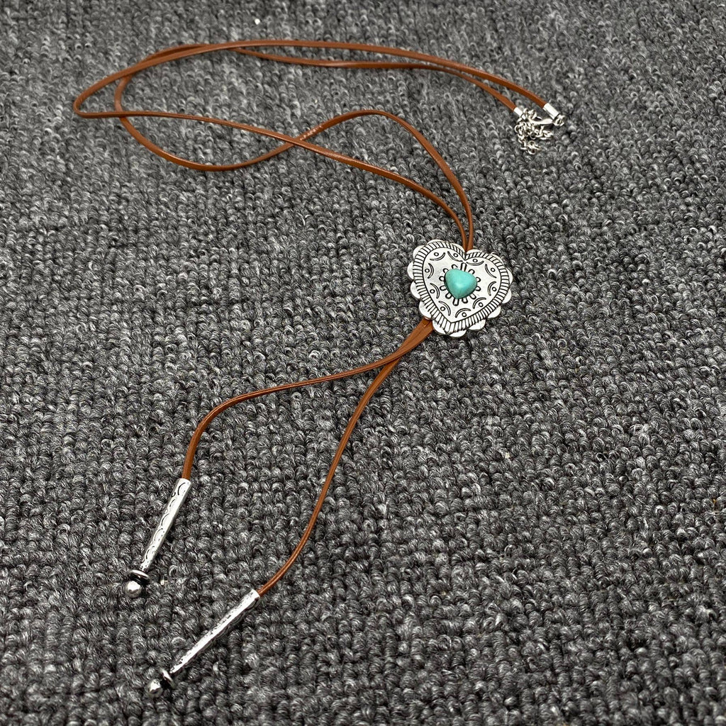 Turquoise Heart Charm Leather Bolero Necklace