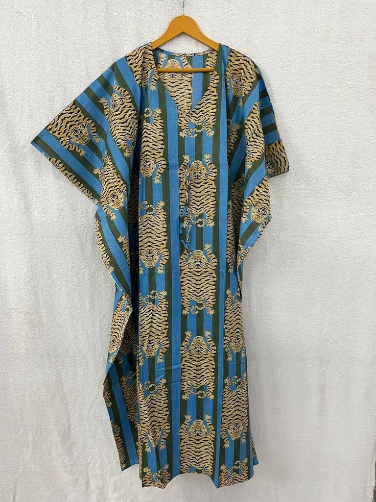 Leopard Print Cotton Caftan: Blue