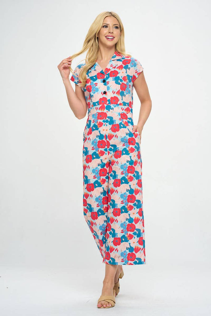 Floral Print Retro Jumpsuit: S