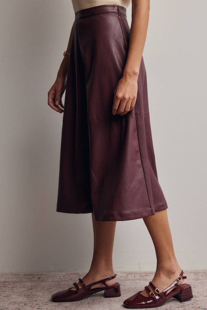 Faux Leather A-Line Midi Skirt: Burgundy