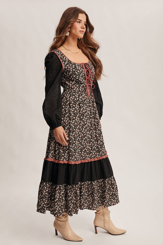 Floral Patchwork Lace-Up Maxi Dress