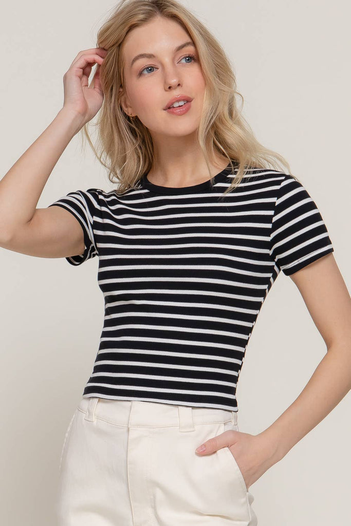 Rib Crew Neck Striped Top