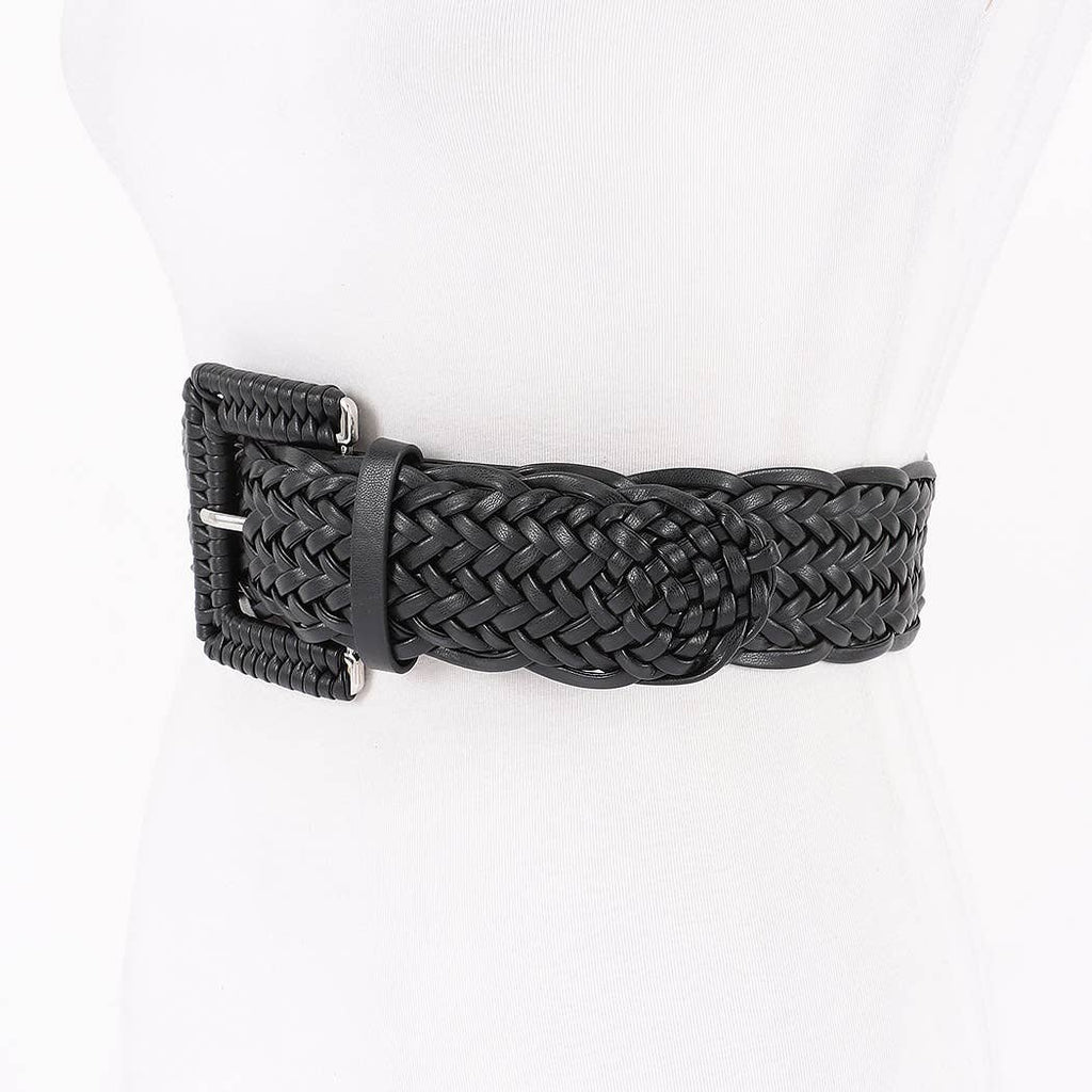 Braided Vegan Leather Buckle Belt: White