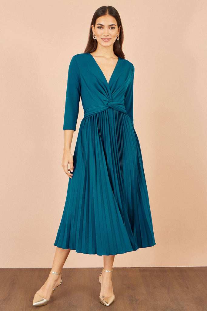 Teal Stretch Pleated Midi Dress