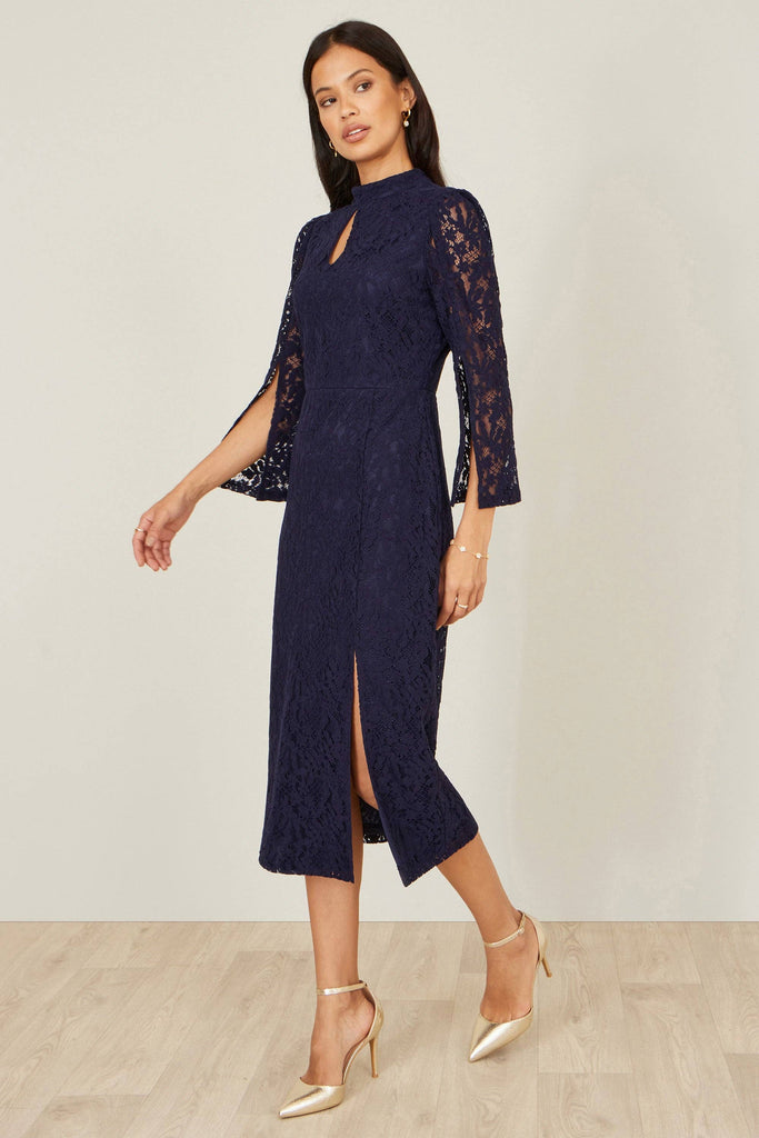 Lace Fitted Midi Dress With Flute Sleeves: Navy