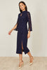 Lace Fitted Midi Dress With Flute Sleeves: Navy