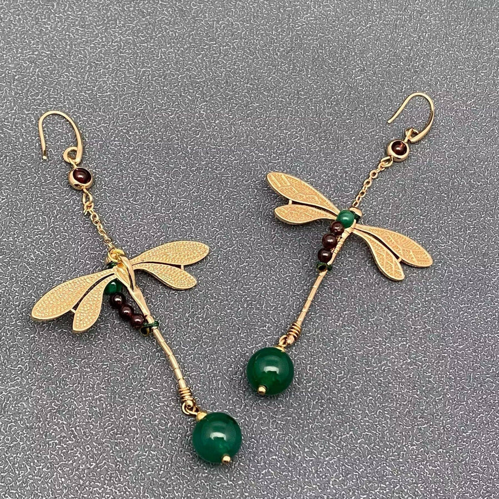 Vintage Agate Dragonfly Gold Plated Earrings