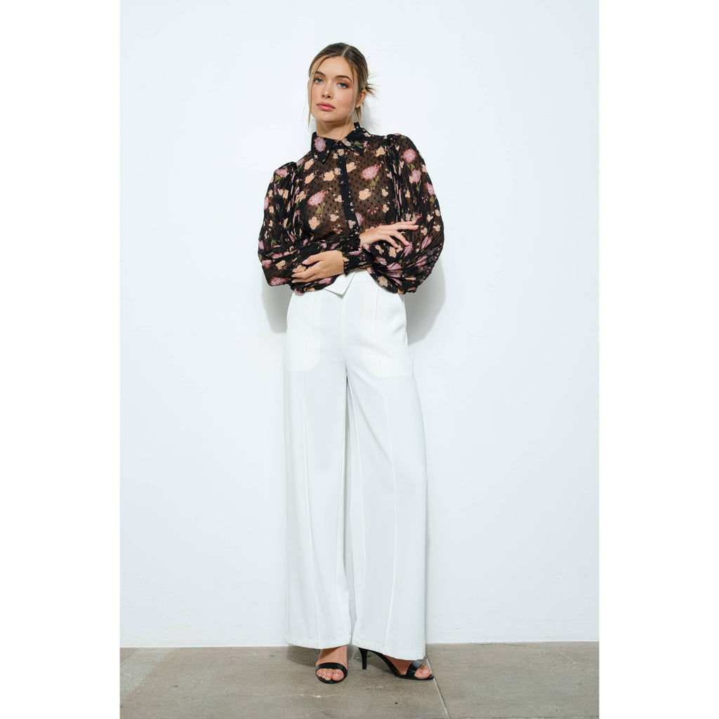 Floral Pleated Sleeve Blouse Top