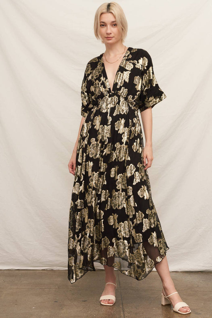 Gold Blossoms Kimono Maxi Dress