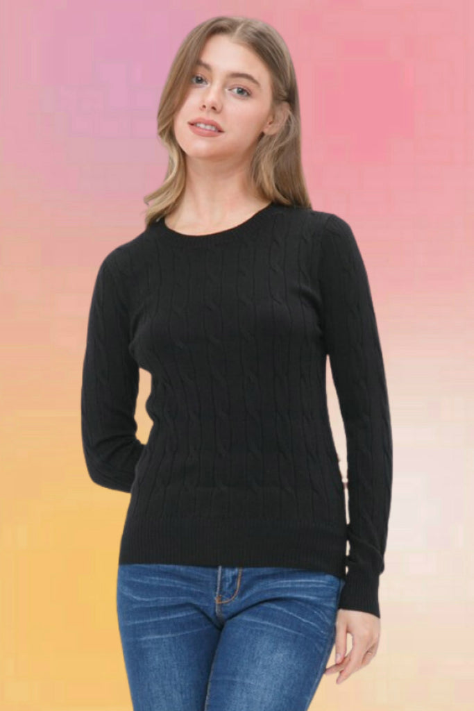 Classic Cable Knit Pullover: Black